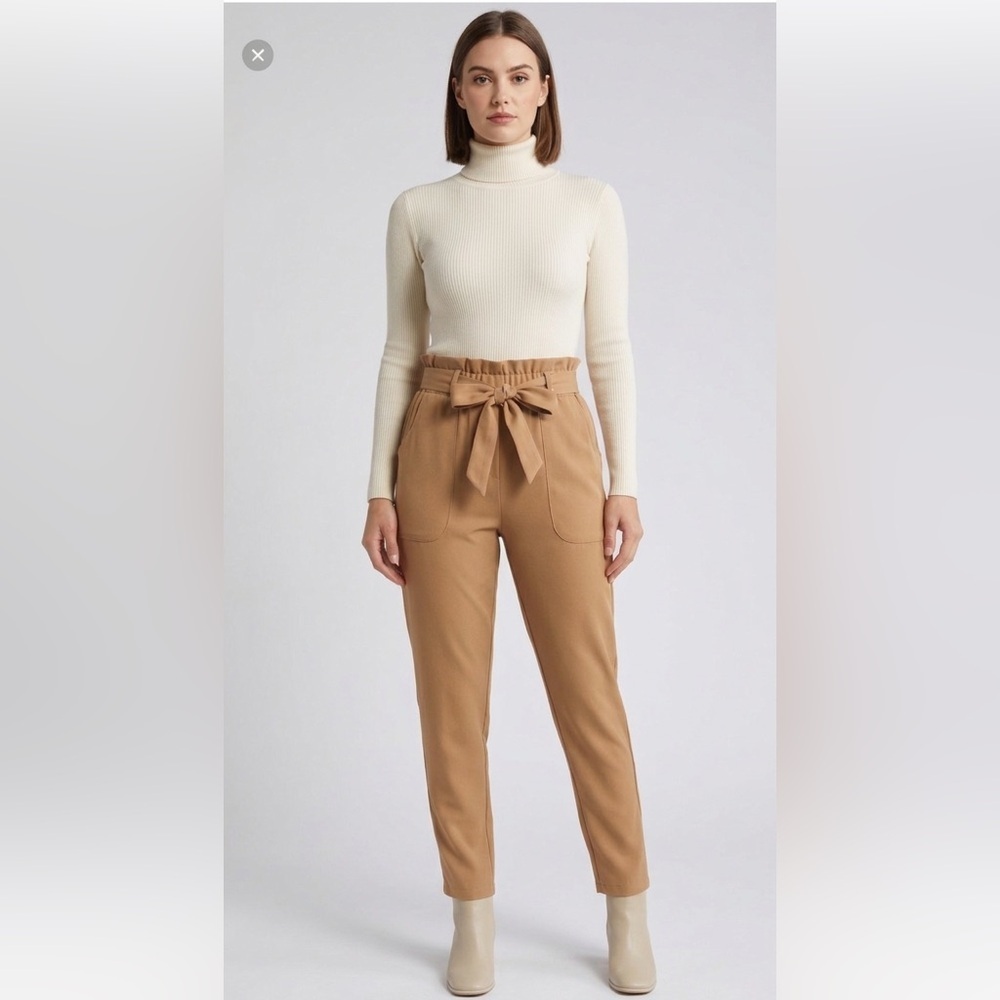 Simplee High Waist Paperbag Trousers Tan Camel Tapered Leg Pants NWT Size L